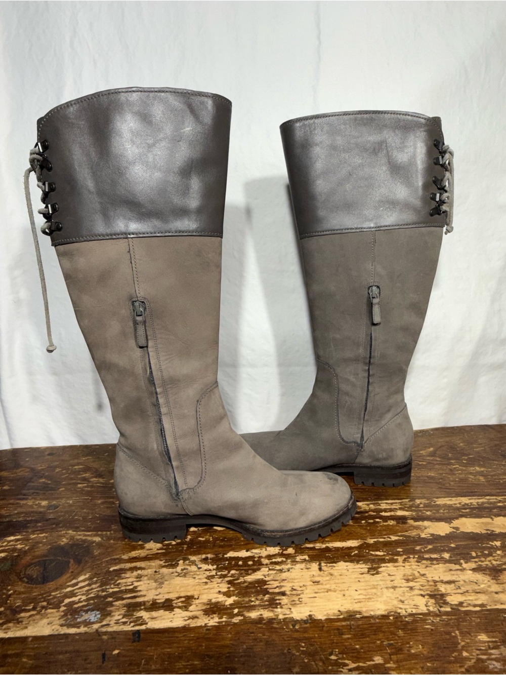 Calvin Klein Two-Tone Gray Knee-High Lace-Back Boots